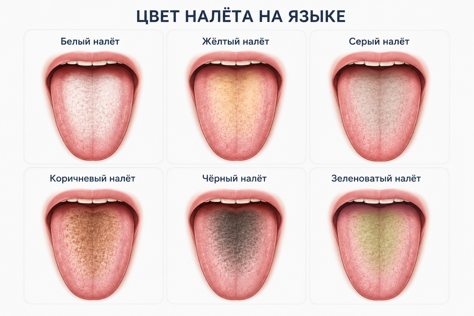 Цвет налета на языке: белый, желтый, серый, коричневый, черный и зеленоватый