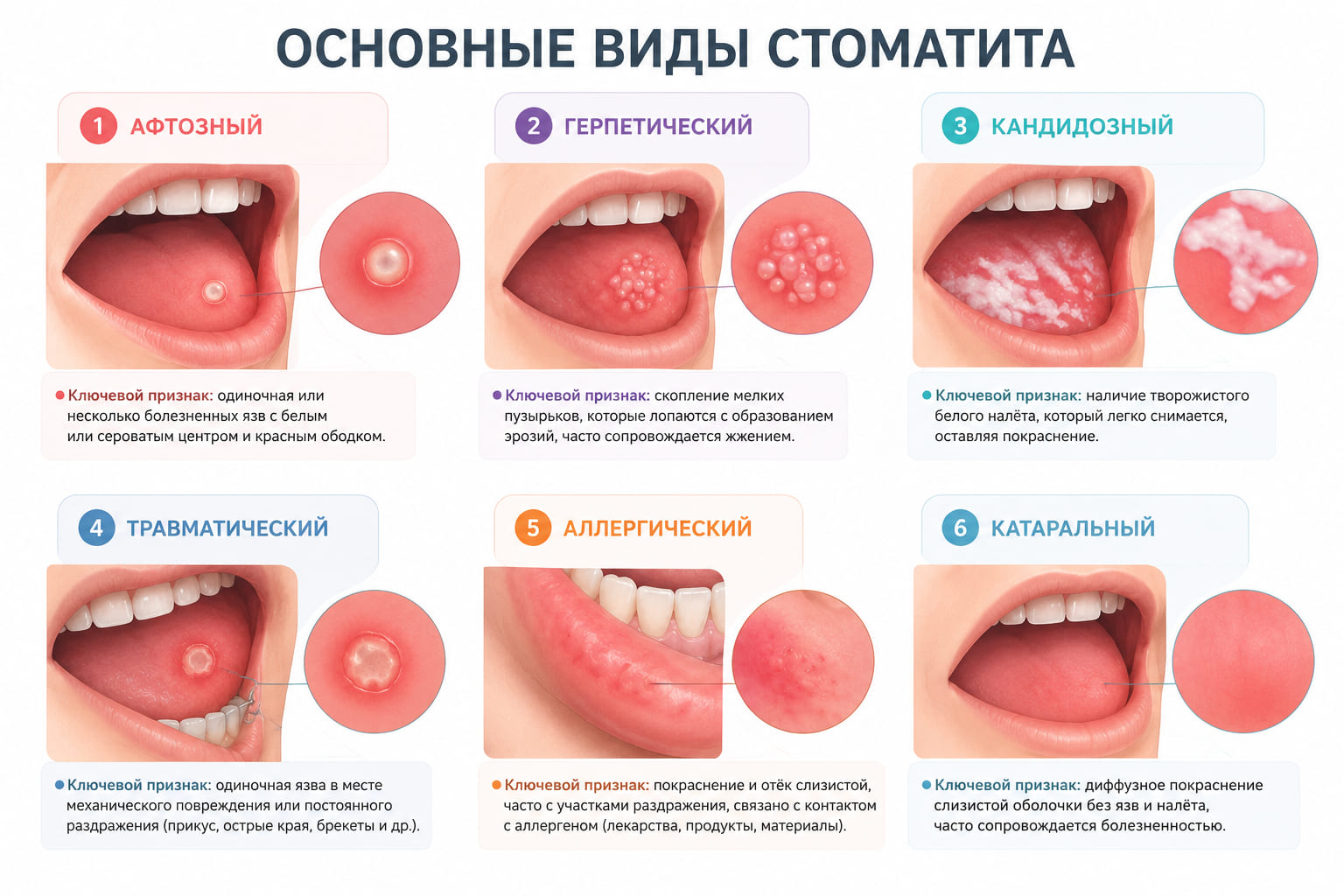 Основные виды стоматита: афтозный, герпетический, кандидозный, травматический, аллергический и катаральный